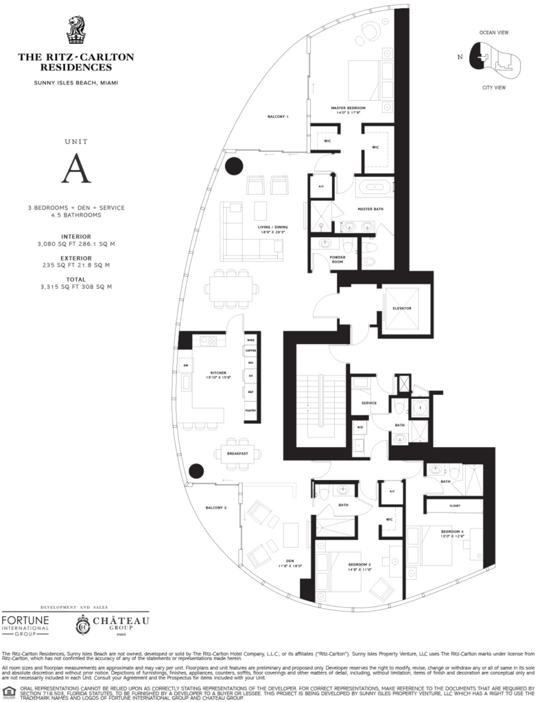 Residence 01 (Floor Plan A): 3,080 SF, 3 bedroom + Den+ Service Room, 4.5 Baths (PDF)